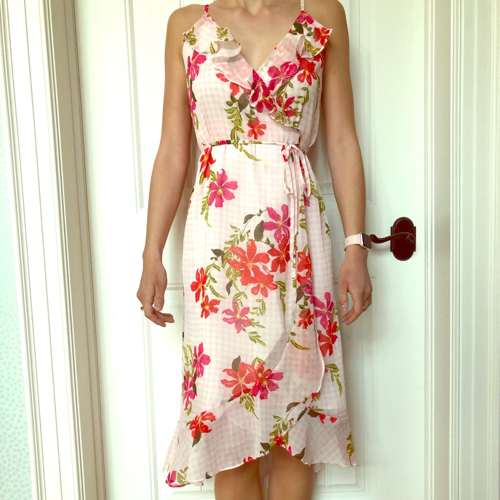 Guess Daydream Gingham Floral Wrap Dress